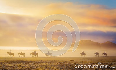 Horses in Mist, at Sunset, Oregon Stock Photo